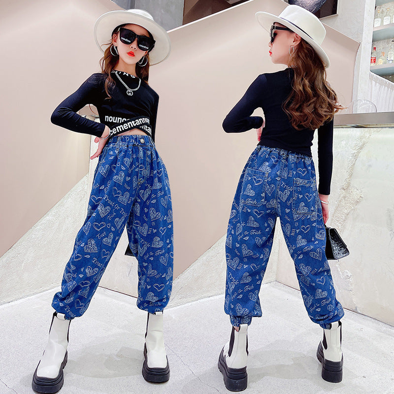 Costume pour fille style occidental, jeans amples d'automne pour grands enfants, chemise à manches longues pour grands enfants