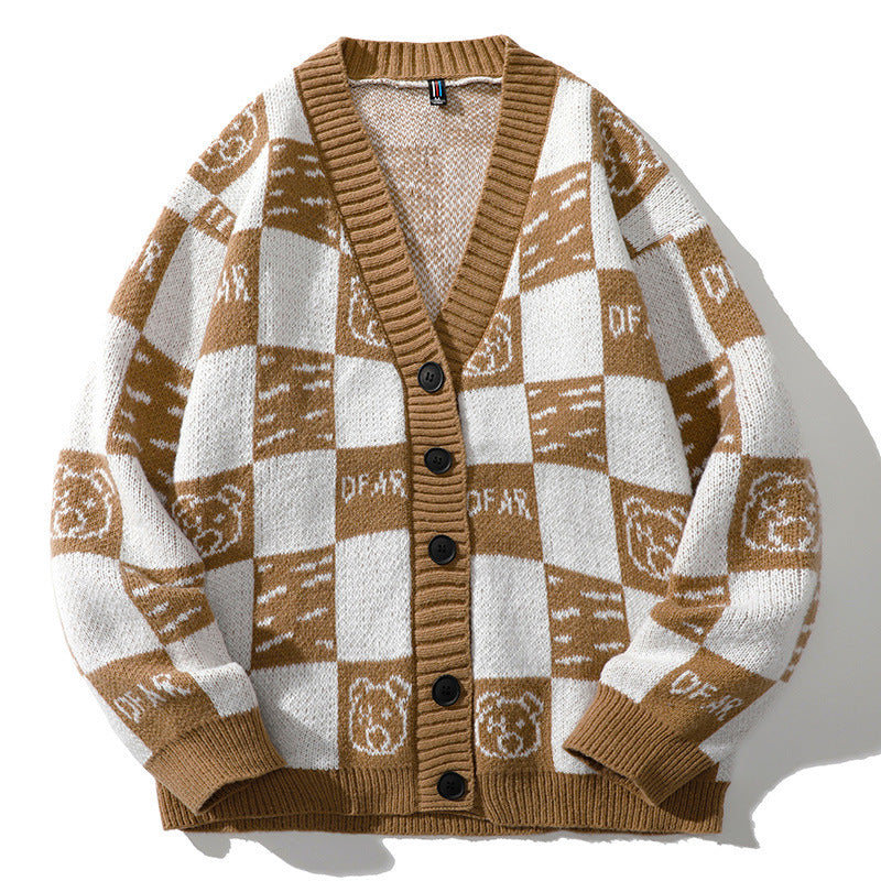 Cardigan tricoté pour homme, pull à carreaux, patchwork de couleurs, ample, pour étudiant