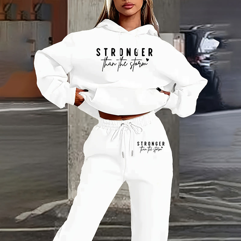 Women's solid white 2-piece tracksuit set with letter print hoodie and drawstring jogger pants