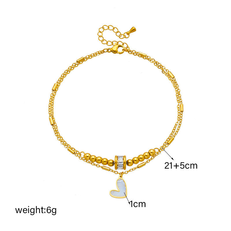 Gold double layer heart charm ankle chain bracelet fashion jewelry for women
