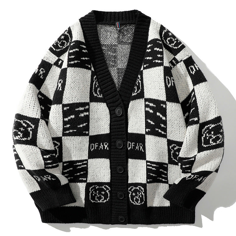 Cardigan tricoté pour homme, pull à carreaux, patchwork de couleurs, ample, pour étudiant