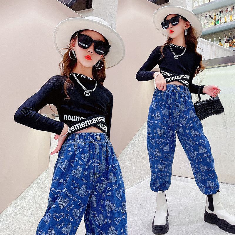 Costume pour fille style occidental, jeans amples d'automne pour grands enfants, chemise à manches longues pour grands enfants