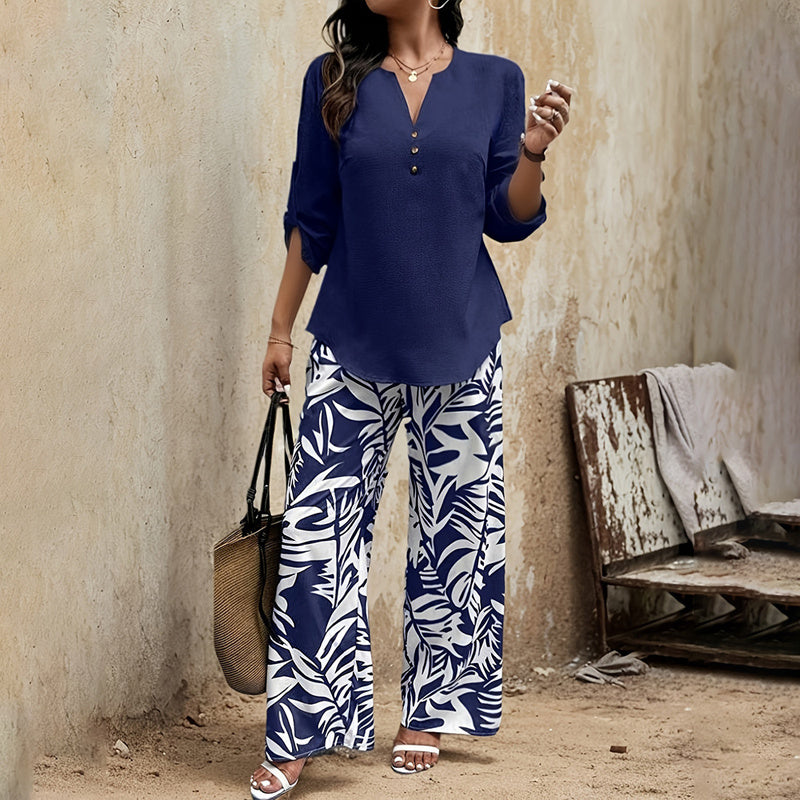 Women's Spring&Summer Elegant Long Sleeve Top & Leaf Print Pants Set - Solid V-Neck Blouse With Button Detail Flowy Trousers