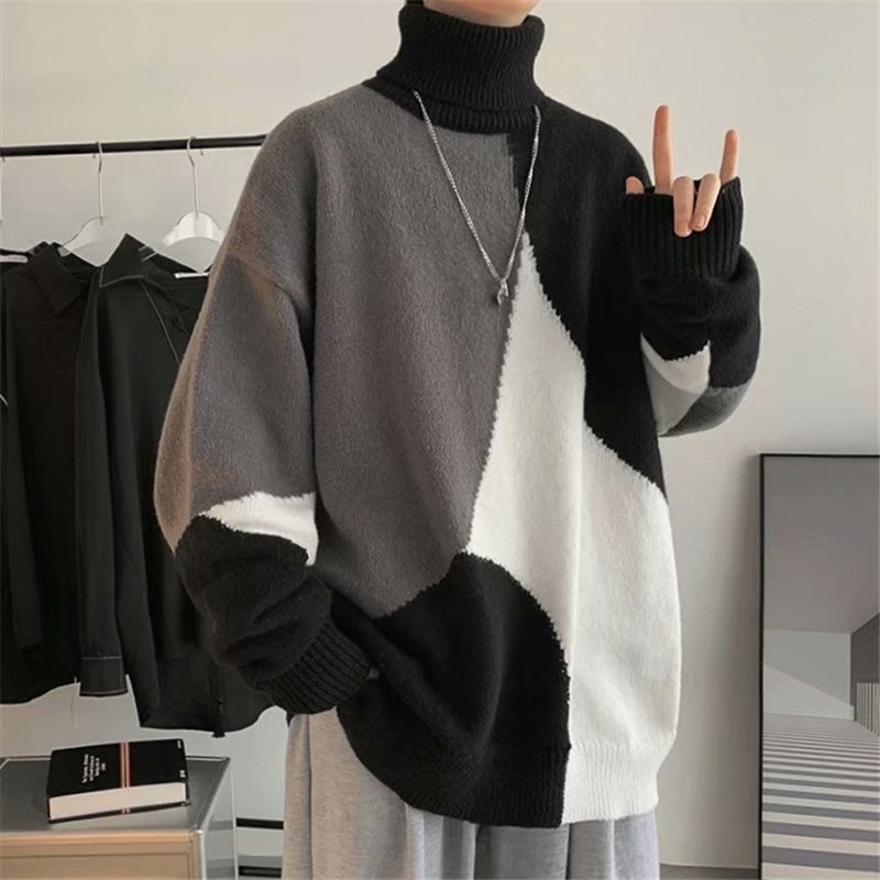 Pull à col montant de couleur contrastée pour homme, vêtement d'extérieur, coupe-vent, base épaisse