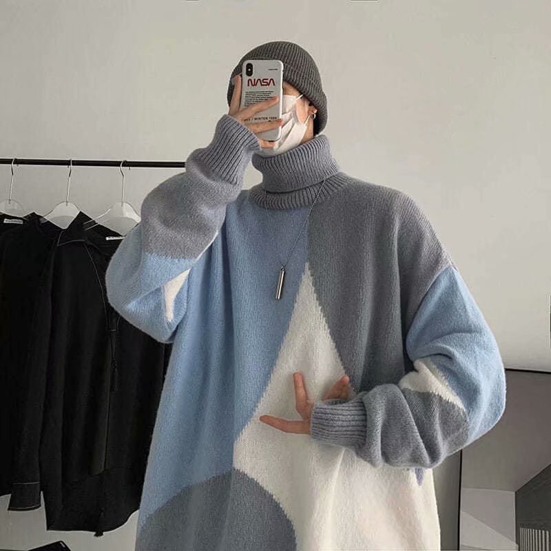 Pull à col montant de couleur contrastée pour homme, vêtement d'extérieur, coupe-vent, base épaisse