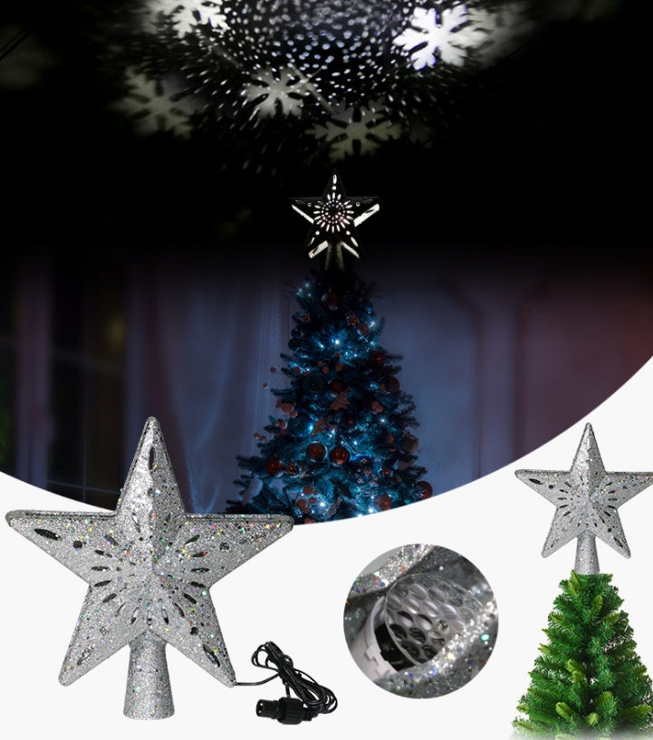 Silver star-shaped Christmas tree top light with snowflake laser projection and adjustable LED effects