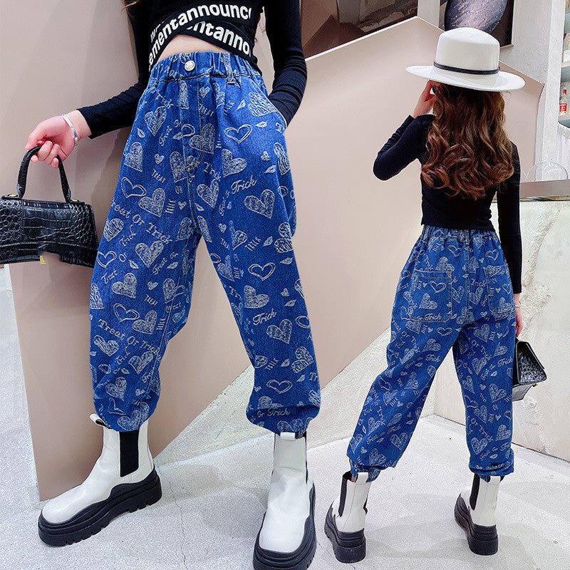 Costume pour fille style occidental, jeans amples d'automne pour grands enfants, chemise à manches longues pour grands enfants