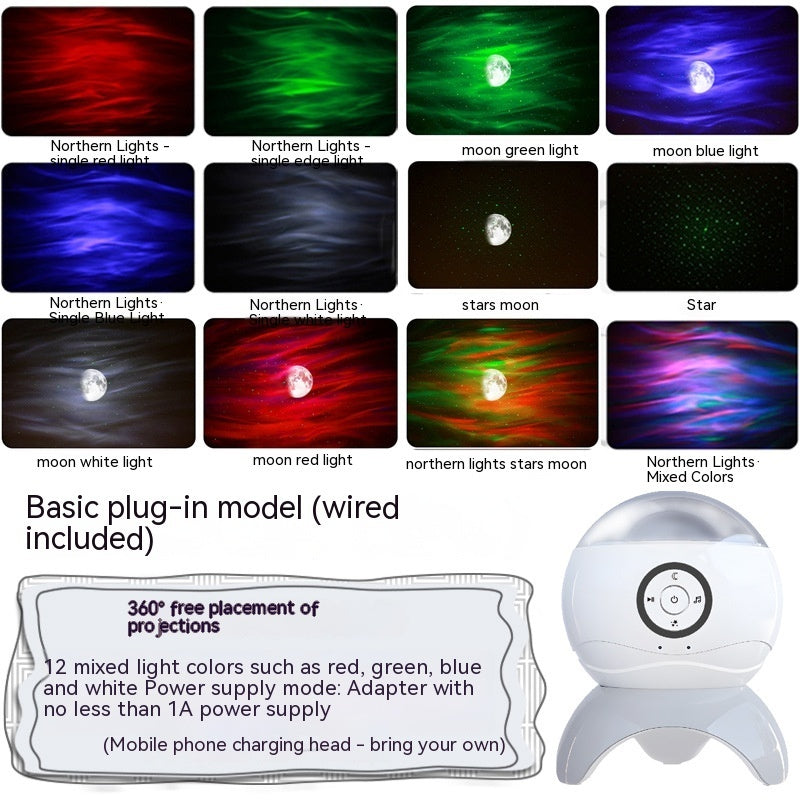 Bluetooth starry sky projector with 12 mixed light colors and 360-degree projection, USB powered LED laser night light with remote control