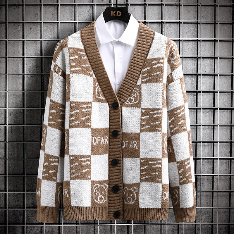 Cardigan tricoté pour homme, pull à carreaux, patchwork de couleurs, ample, pour étudiant