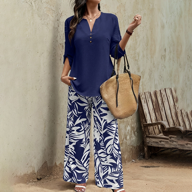 Women's Spring&Summer Elegant Long Sleeve Top & Leaf Print Pants Set - Solid V-Neck Blouse With Button Detail Flowy Trousers