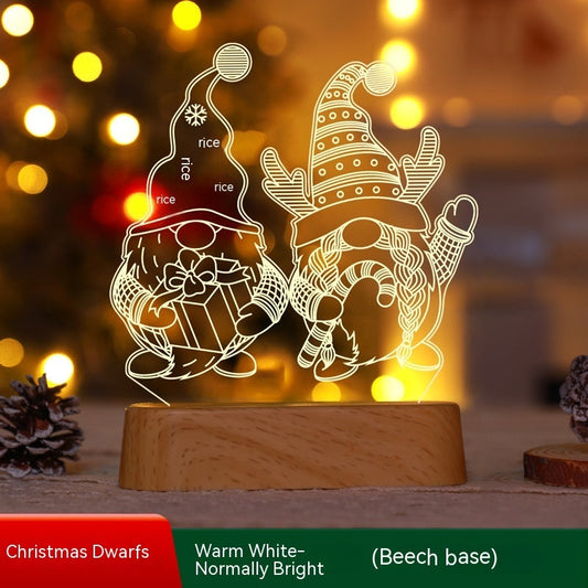 Christmas Decoration 3D acrylic LED night light with Christmas dwarf design and beech wood base