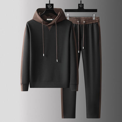 Men's patchwork hoodie and trousers suit in black and brown cotton blend, casual spring-autumn outfit