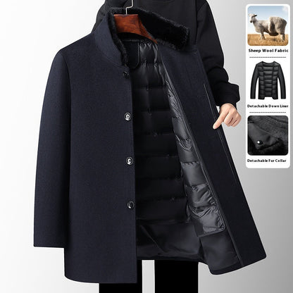 Men's wool overcoat with detachable down feather liner and fur collar in dark blue, thickened for autumn and winter