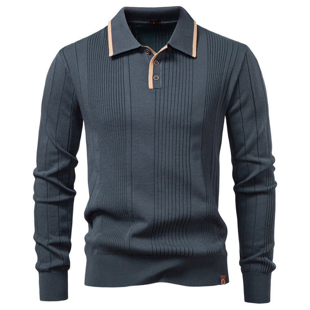 Dark gray men's knitted lapel sweater with zipper pullover long sleeves