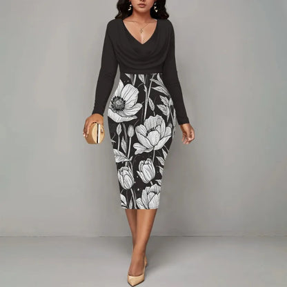 Womens Midi Dresses Church Dresses Long Sleeve Bodycon Cowl Neck Pencil Dress