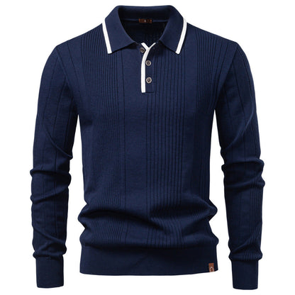 Men's dark blue lapel knitted sweater with zipper, long sleeves, pullover style