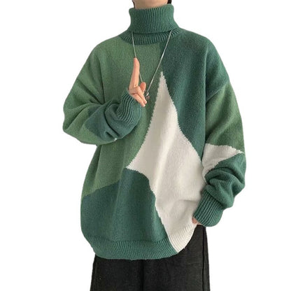 Contrasting Color High-neck Pullover Outer Wear Lazy Wind Thickened Base Sweater Men