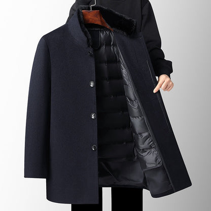 Men's dark blue wool overcoat with detachable down feather liner and button closure