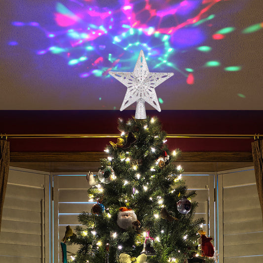 Silver star-shaped LED Christmas tree top light projector with colorful blizzard pattern projection