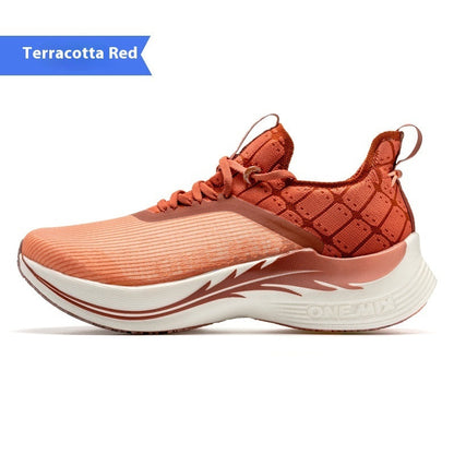 Terracotta red racing shock-absorbing men and women training shoe with built-in carbon plate and breathable mesh lining