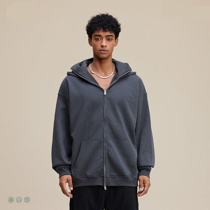 Profile male model wearing dark gray oversized windproof mask zipper sweater with cotton lining and bag cover seam pockets