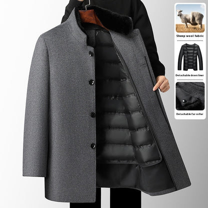 Men's gray wool overcoat with detachable down feather liner and fur collar, thickened for autumn and winter warmth