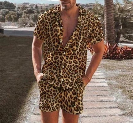 Ensembles d'été pour hommes, imprimé léopard, revers, manches courtes