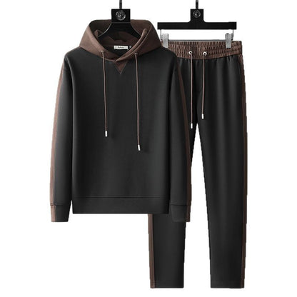 Men's patchwork hoodie and trousers suit in black and brown with cotton and polyester blend, long sleeves, and casual style.
