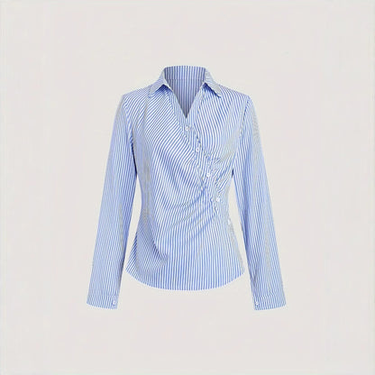 Women's Striped Diagonal Button Long-sleeved Casual Shirt