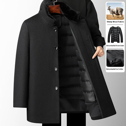 Men's black wool overcoat with detachable down feather liner and fur collar, thickened for autumn and winter.