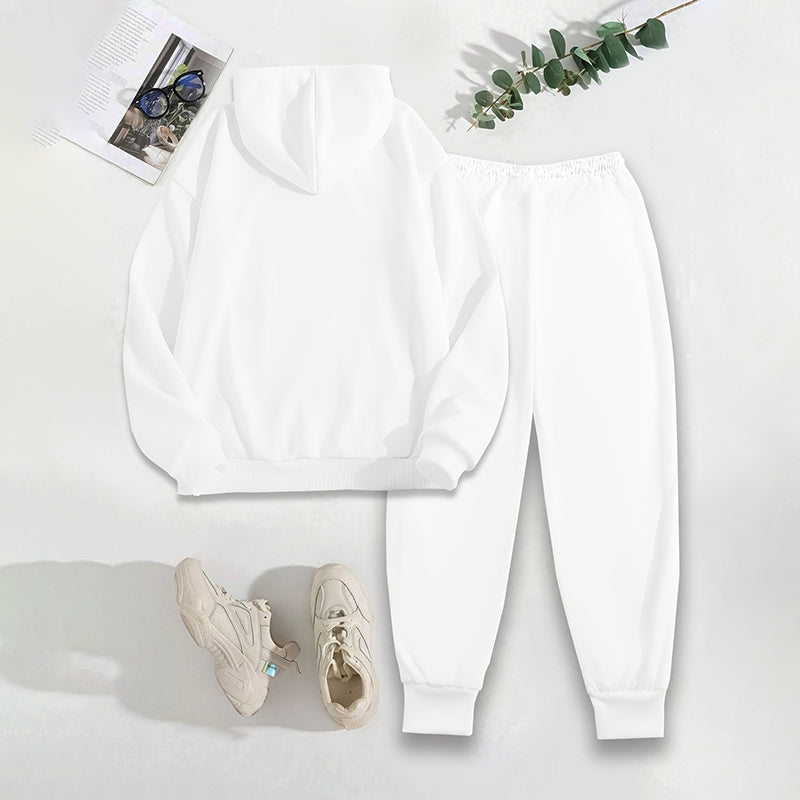 Women's solid white 2-piece hoodie and drawstring jogger pants casual tracksuit set