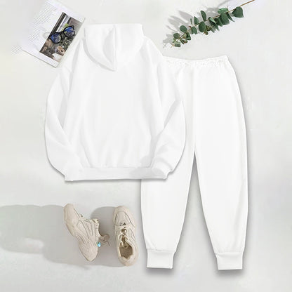 Women's solid white 2-piece hoodie and drawstring jogger pants casual tracksuit set