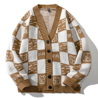 Knitted Cardigan Sweater Men's Plaid Color Patchwork Loose Teenage Student Coat