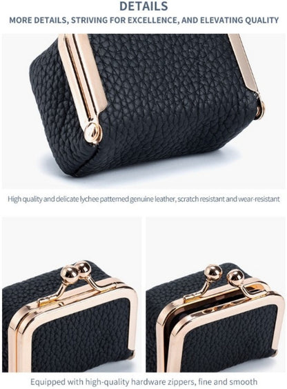 Black genuine leather mini jewelry case with gold clasp, durable and portable vintage style coin purse for rings and earrings.