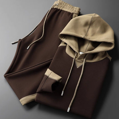 men's brown patchwork hoodie and trousers suit made of cotton and polyester blend