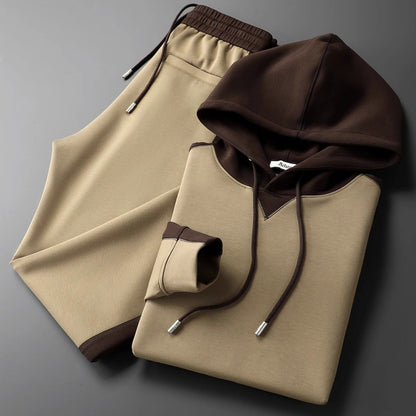 Men's patchwork hoodie and trousers suit in brown and khaki cotton blend for spring and autumn fashion