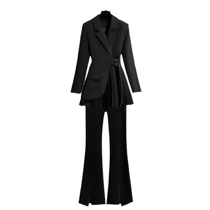Lapel Design Pleated Skirt Black Suit Jacket For Women