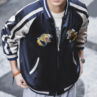 Men's retro two-sided wear Yokosuka coat with tiger embroidery and striped sleeves