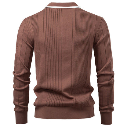 Back view of brown men's lapel knitted sweater with long sleeves and zipper detail