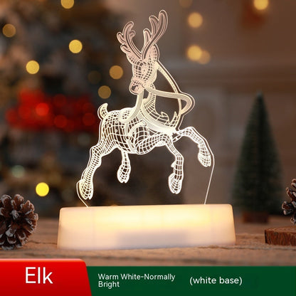 3D acrylic LED Christmas decoration lamp shaped like an elk with warm white light on white base