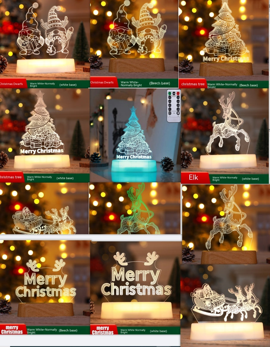 Set of 3D acrylic LED Christmas decoration lamps featuring festive designs including Christmas tree, elk, and Merry Christmas text with remote control.