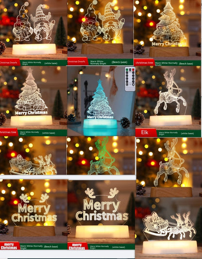 Set of 3D acrylic LED Christmas decoration lamps featuring festive designs including Christmas tree, elk, and Merry Christmas text with remote control.