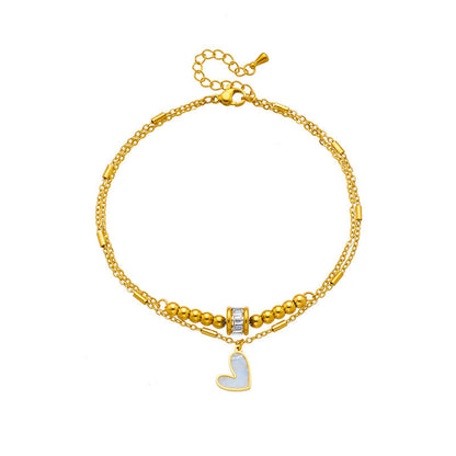 Gold double layer heart charm ankle chain bracelet women's fashion jewelry accessory