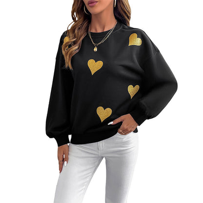Women's Sweet Style Heart Printing Loose Round Neck Long Sleeve Sweater