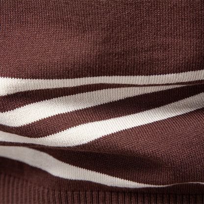 Close-up of brown men's sweater lapel knitted fabric with white stripes