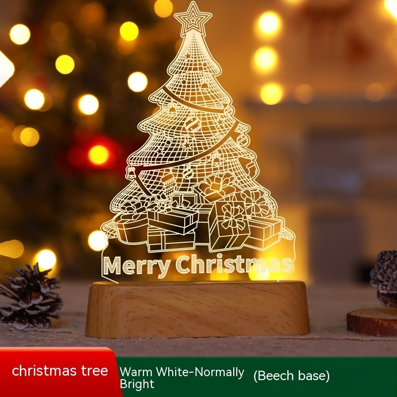 3D acrylic LED Christmas tree night light decoration with Merry Christmas text and beech wooden base