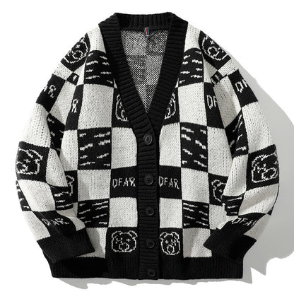 Knitted Cardigan Sweater Men's Plaid Color Patchwork Loose Teenage Student Coat