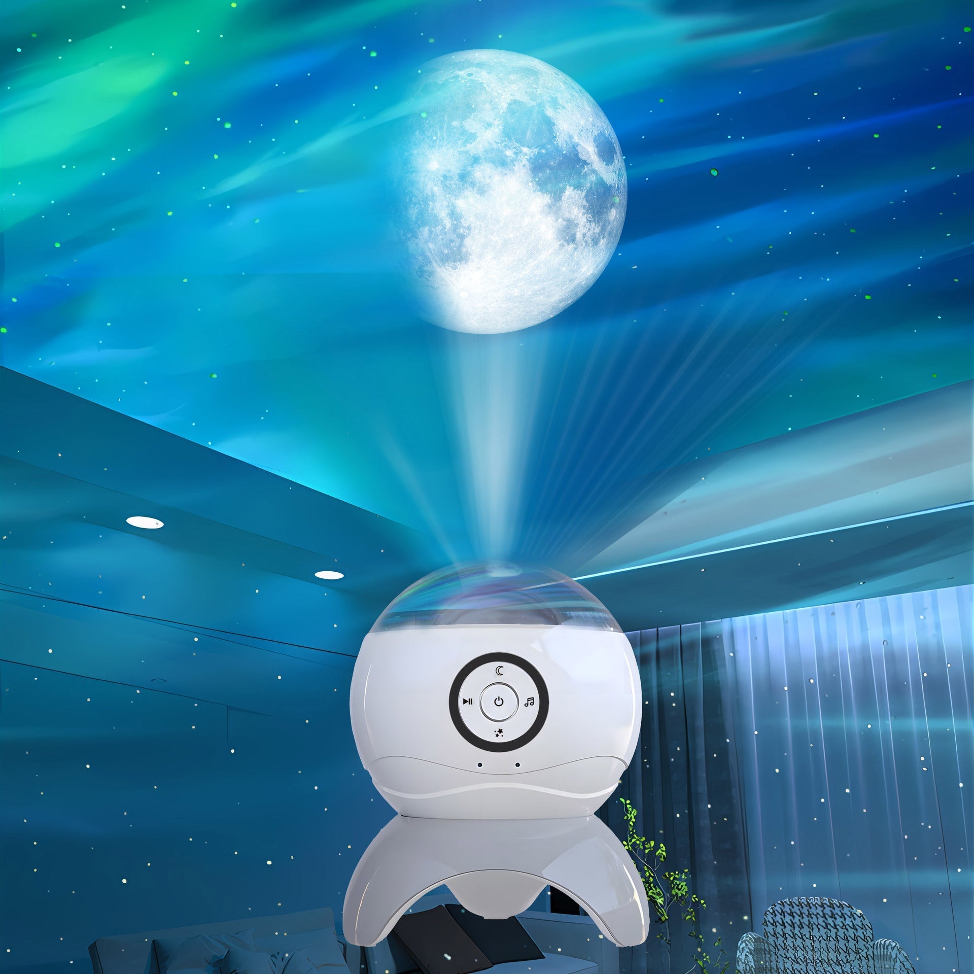 Bluetooth starry sky projector displaying moon and stars with LED laser light effects in a room.