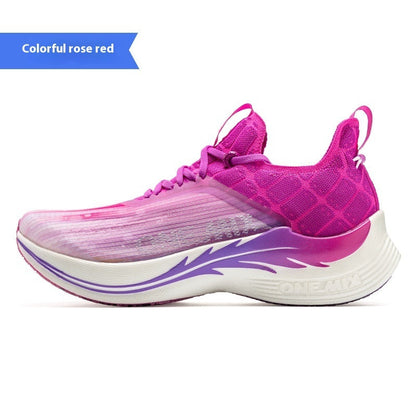 Colorful rose red racing shock-absorbing running shoe with built-in carbon plate and breathable mesh lining