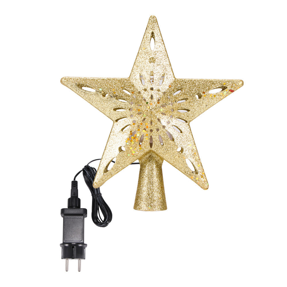 Gold star-shaped Christmas tree top light with glitter and attached power cord